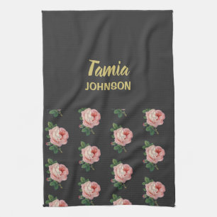 Pink flower custom name grey tea towel