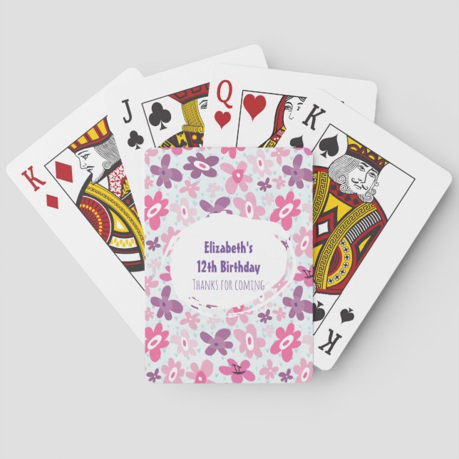 Pink Flower Cute Whimsical Pattern Birthday Thanks Playing Cards (Back)