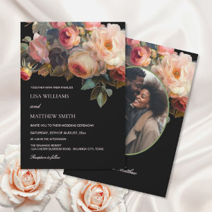 Pink Flower Dark Floral Photo Wedding Invitation