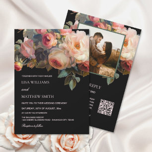 Pink Flower Dark Floral   Photo Wedding Invitation