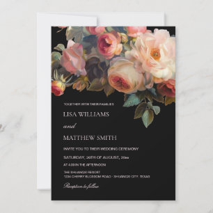 Pink Flower Dark Floral Photo Wedding Invitation