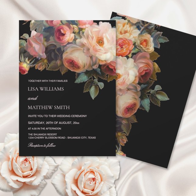 Pink Flower Dark Floral Wedding Invitation (Creator Uploaded)