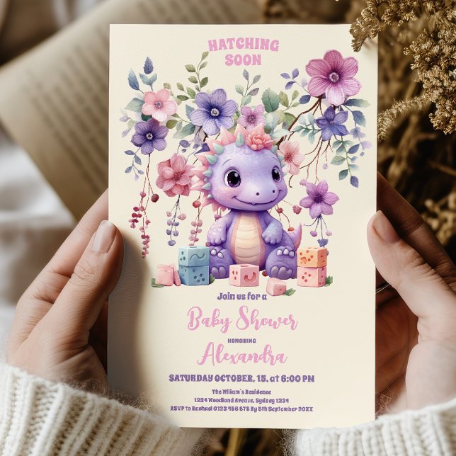 Pink Flower Dino Girl Baby Shower Invitation (Creator Uploaded)