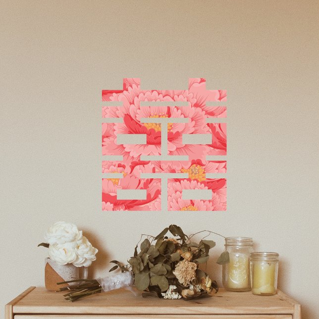 Pink Flower Double Xi Chinese Wedding Window Cling (Pink Flower Double Xi Chinese Wedding Decoration)