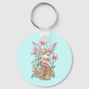 Pink Flower Fairy Art Key Ring