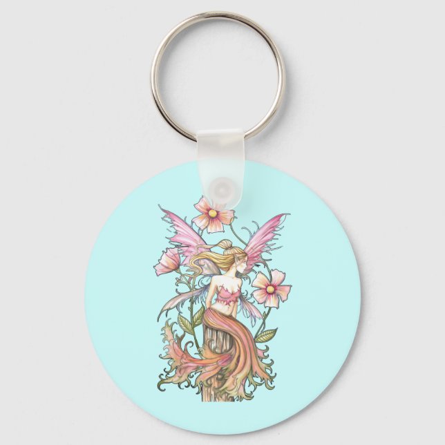 Pink Flower Fairy Art Key Ring (Front)