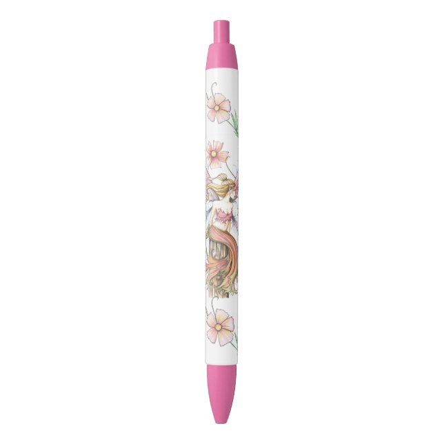Pink Flower Fairy Fantasy Art Black Ink Pen (Front Vertical)