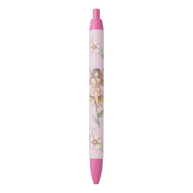 Pink Flower Fairy Fantasy Art Black Ink Pen (Front Vertical)