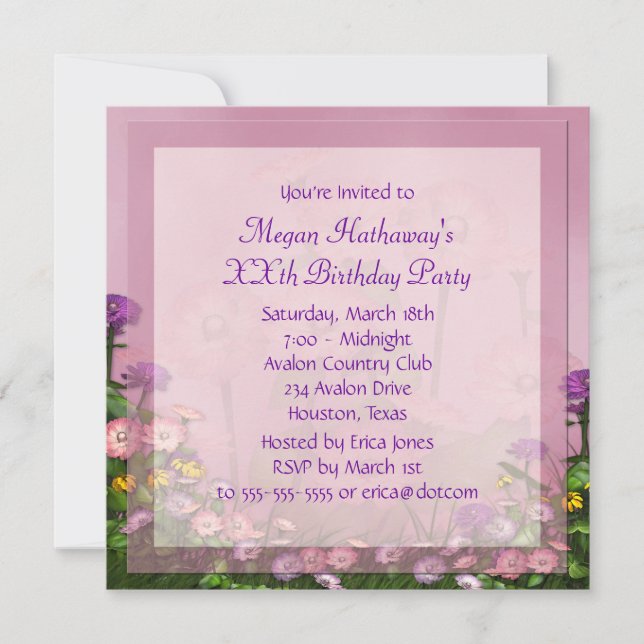 Pink Flower Field Any Number Birthday Template (Front)