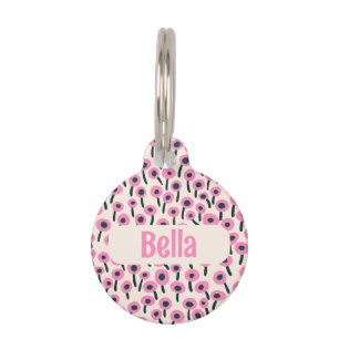 Pink Flower Field with Name and Number - Pet Tag