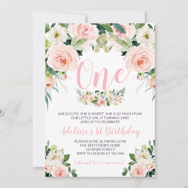 Pink flower first birthday invitation (Front)