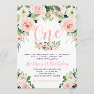 Pink flower first birthday invitation