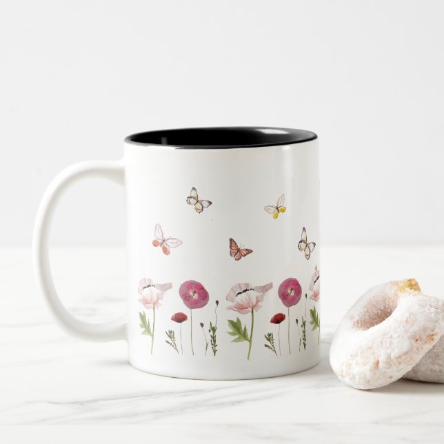 Pink Flower Floral Garden Butterfly Patterns Mug (With Donut)