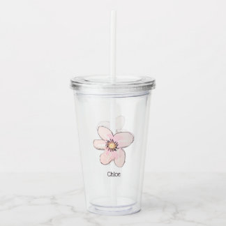 Pink Flower Floral Hand Drawn Cute Add Name Acrylic Tumbler