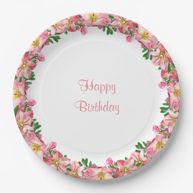 Pink Flower Garland on White Happy Birthday Paper Plate (Front)
