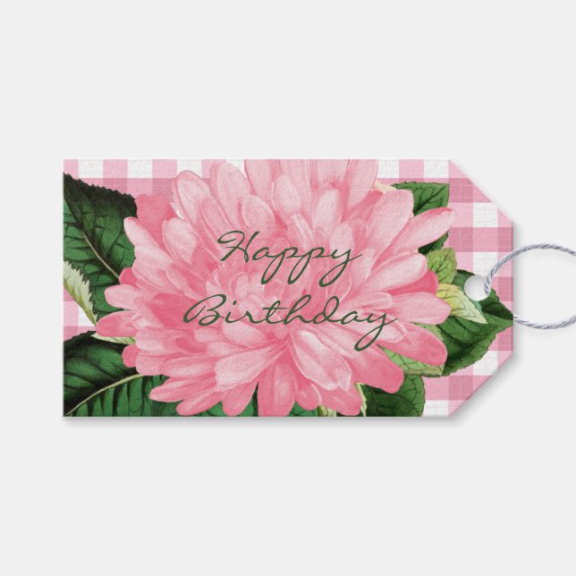 Pink Flower & Gingham Patten Gift Tag (Front (Horizontal))
