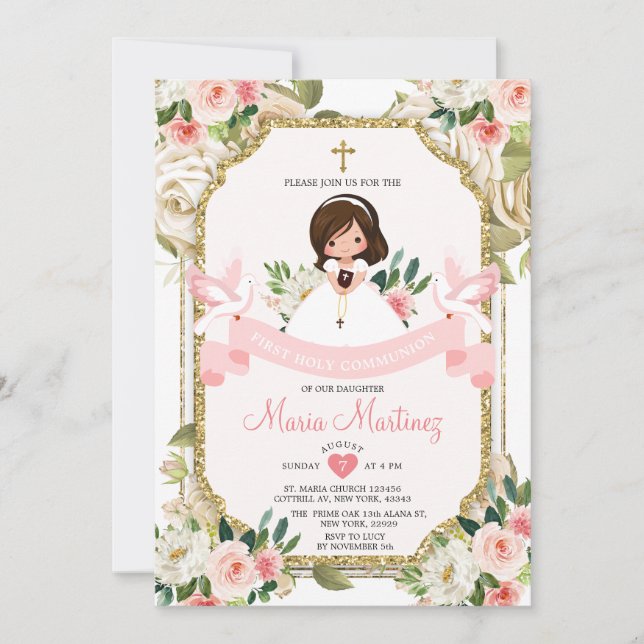 Pink Flower Girl 1st Holy Communion Gold Glitter Invitation (Front)