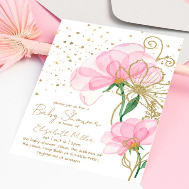 Pink Flower Gold Glitter Baby Shower Invitation (Creator Uploaded)