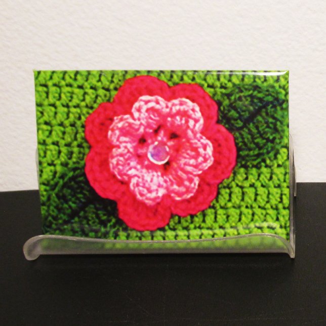 Pink Flower Grass Green Leaf Artisan Crochet Print Magnet (Creator Uploaded)