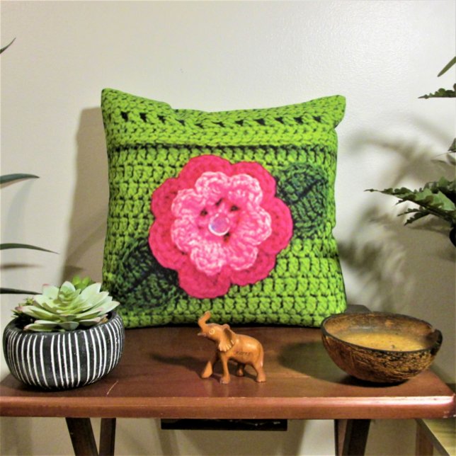 Pink Flower Green Artisan Crochet Print Outdoor Outdoor Cushion (Creator Uploaded)