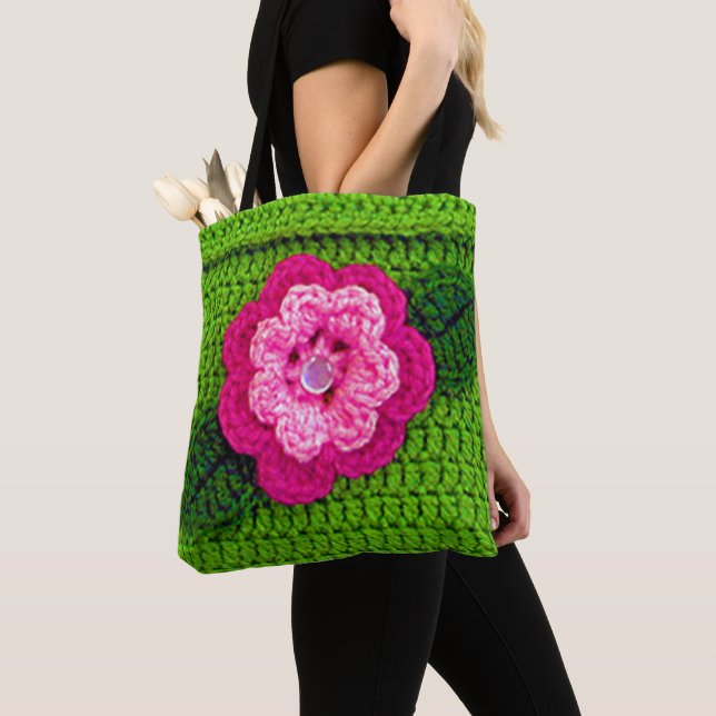 Pink Flower Green Leaves Artisan Crochet Print  Tote Bag (Close Up)