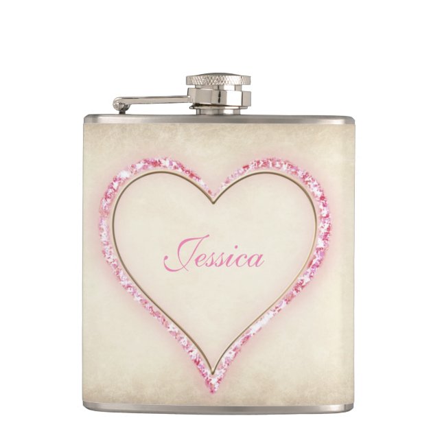 Pink Flower Heart Bridesmaid Gift Hip Flask (Front)