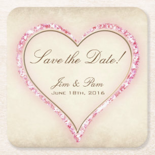 Pink Flower Heart Save the Date Square Paper Coaster