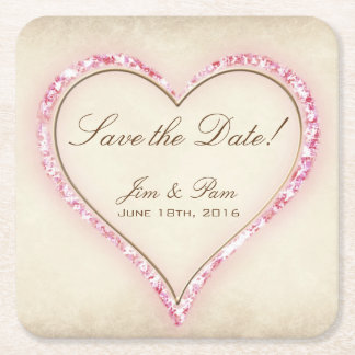 Pink Flower Heart Save the Date Square Paper Coaster