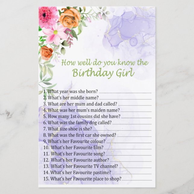 Pink Flower How well do you know the birthday girl (Front)