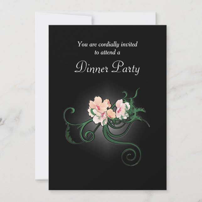 Pink Flower Illustration on Black Dinner Party Invitation (Front)