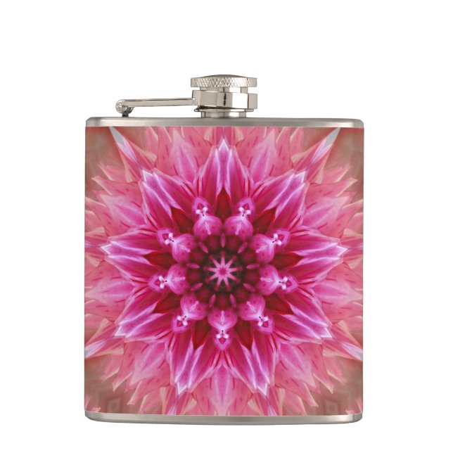 Pink Flower Kaleidoscope Mandala-43895 Hip Flask (Front)