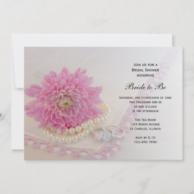 Pink Flower, Lace and Rings Bridal Shower Invitation (Front)