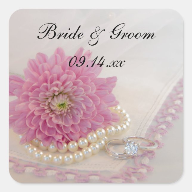 Pink Flower, Lace and Rings Wedding Envelope Seals (Front)