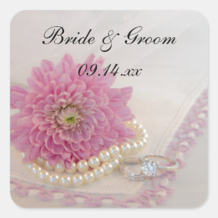 Pink Flower, Lace and Rings Wedding Envelope Seals
