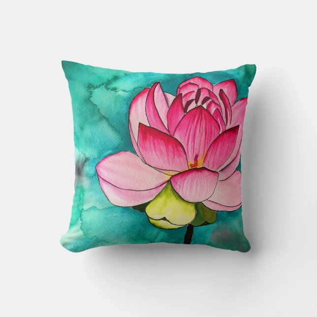 Pink flower lotus fine art watercolor cushion (Front)