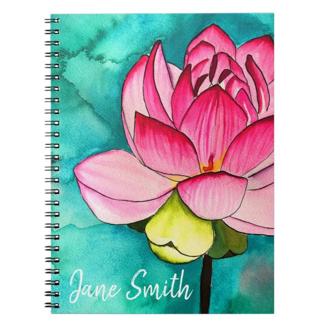 Pink flower lotus fine art watercolor notebook (Front)