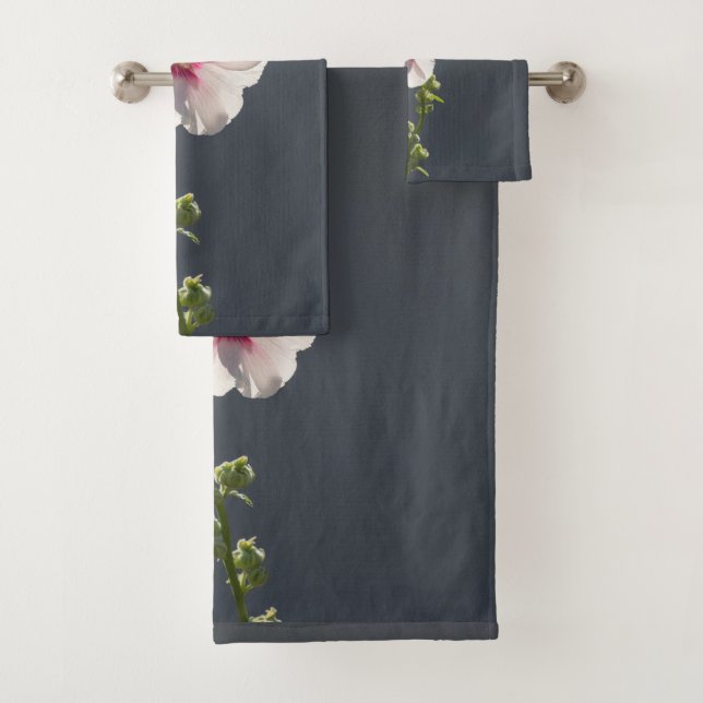 Pink Flower Mallow green leaves on dark grey  Bath Towel Set (Insitu)