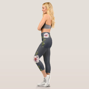 Pink Flower Mallow green leaves on dark grey  Capri Leggings