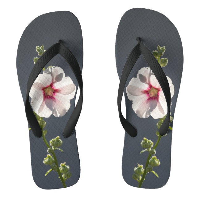 Pink Flower Mallow green leaves on dark grey  Flip Flops (Footbed)