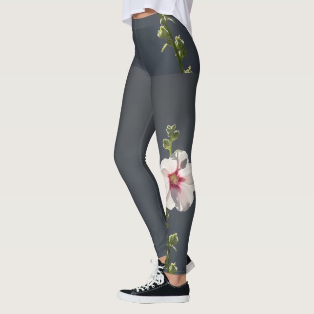 Pink Flower Mallow green leaves on dark grey  Leggings (Left)