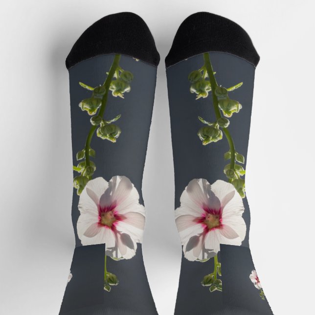 Pink Flower Mallow green leaves on dark grey  Socks (Top)
