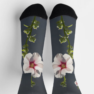 Pink Flower Mallow green leaves on dark grey  Socks