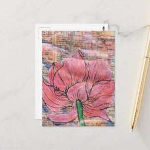 Pink Flower Map and Words Mixed Media Collage Postcard