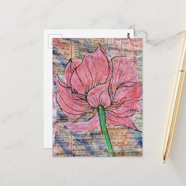 Pink Flower Mixed Media Collage Postcard (Front/Back In Situ)