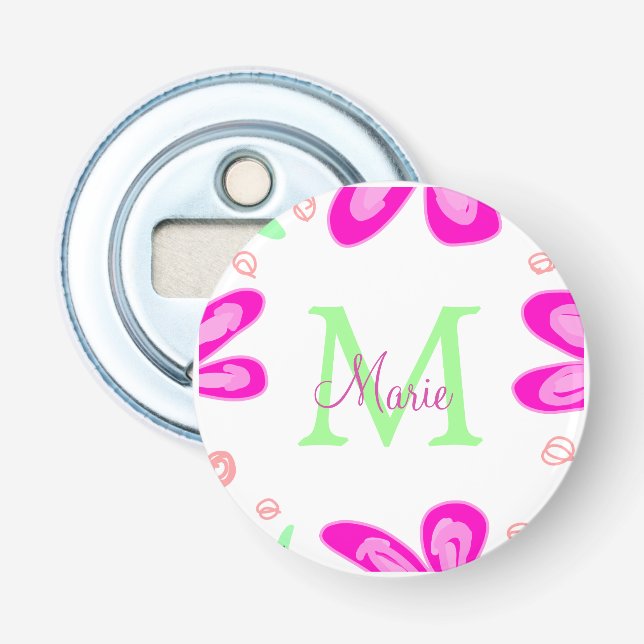 Pink flower monogram add name letter green leaf bottle opener (Front)