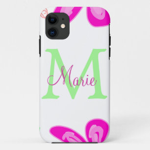Pink flower monogram add name letter green leaf iPhone 11 case