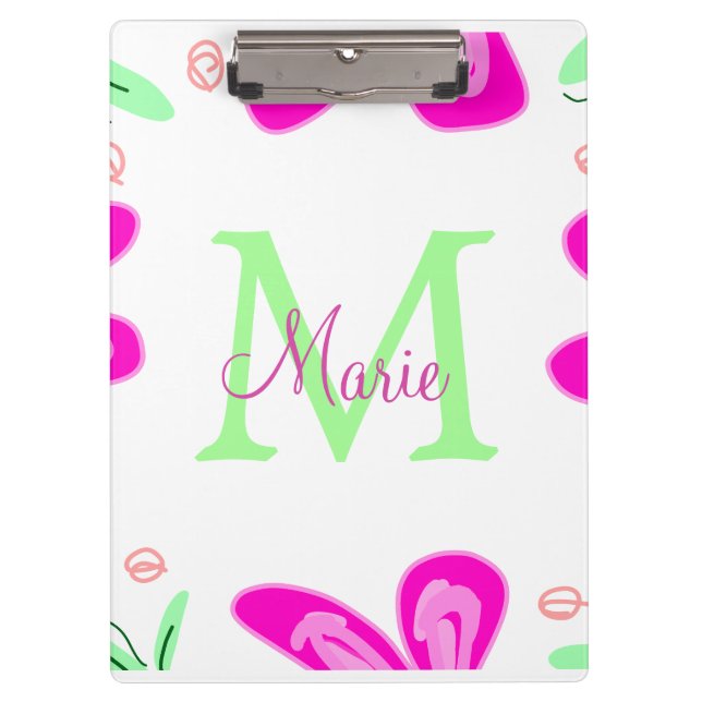 Pink flower monogram add name letter green leaf clipboard (Front)