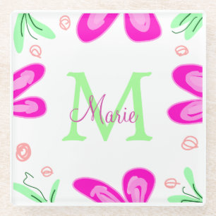 Pink flower monogram add name letter green leaf glass coaster