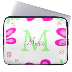 Pink flower monogram add name letter green leaf laptop sleeve