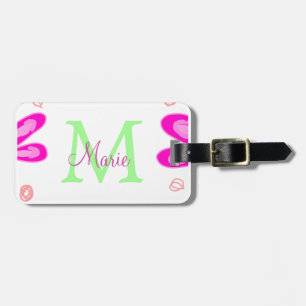Pink flower monogram add name letter green leaf luggage tag